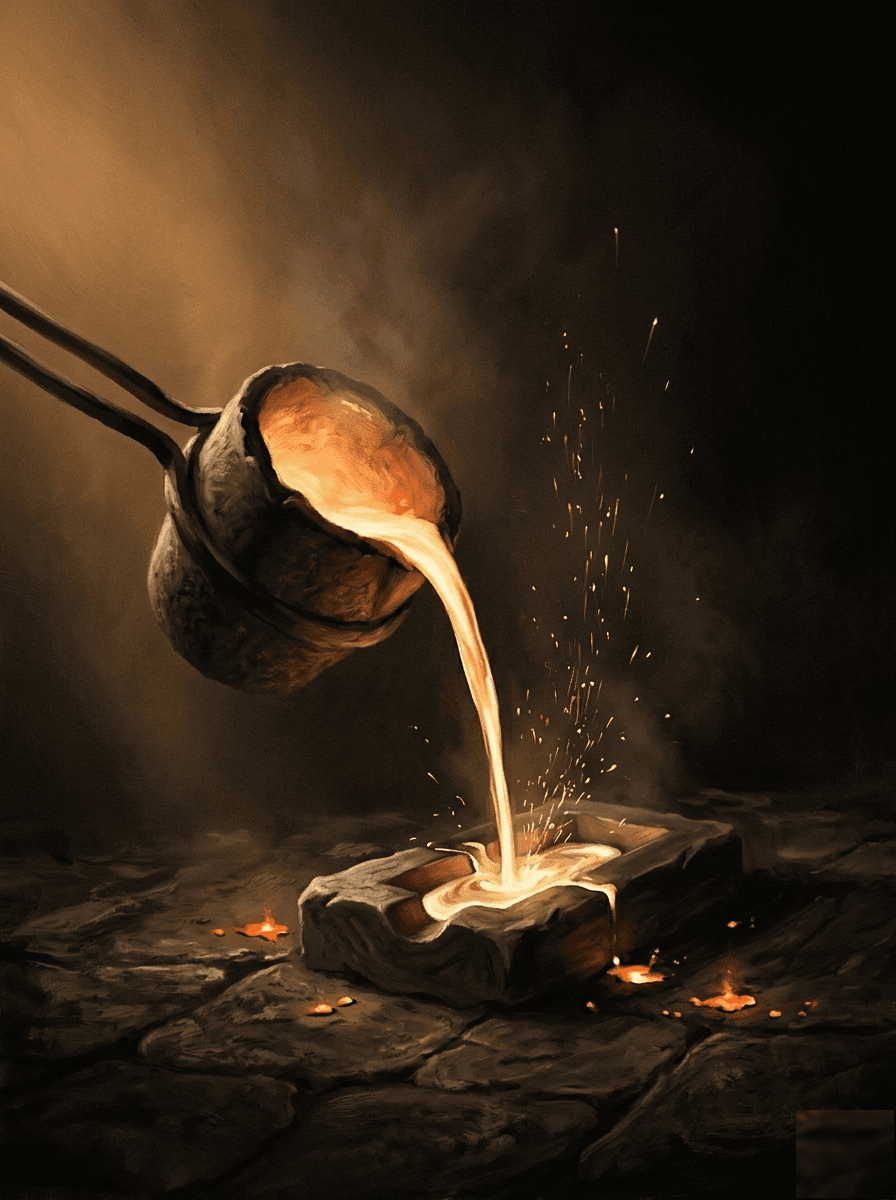Bronze Age — molten metal pouring into a stone mold